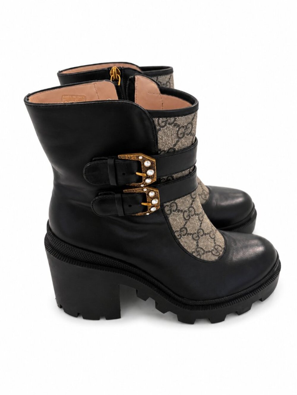 Gucci Kensington Calfskin Nappa GG Supreme Monogram Womens Buckle Ankle Boots 38